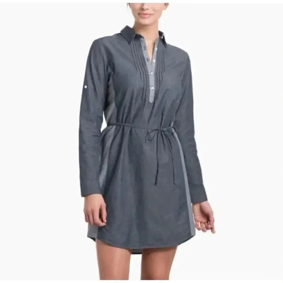 Kuhl Kiley Vintage Indigo Sail Blue Chambray Denim Tie Waist Dress SZ S #1848 - Picture 1 of 16